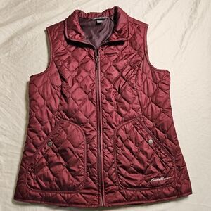 EDDIE BAUER Women’s Large Quilted Puffer Vest Maroon Burgundy Full Zip Outdoor
